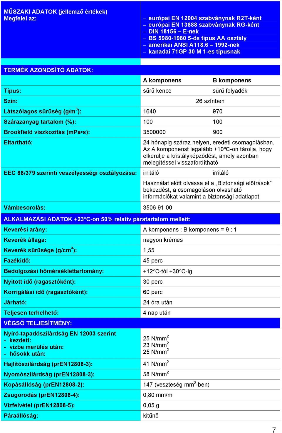 tartalom (%): 100 100 Brookfield viszkozitás (mpa s): 3500000 900 Eltartható: EEC 88/379 szerinti veszélyességi osztályozása: 24 hónapig száraz helyen, eredeti csomagolásban.