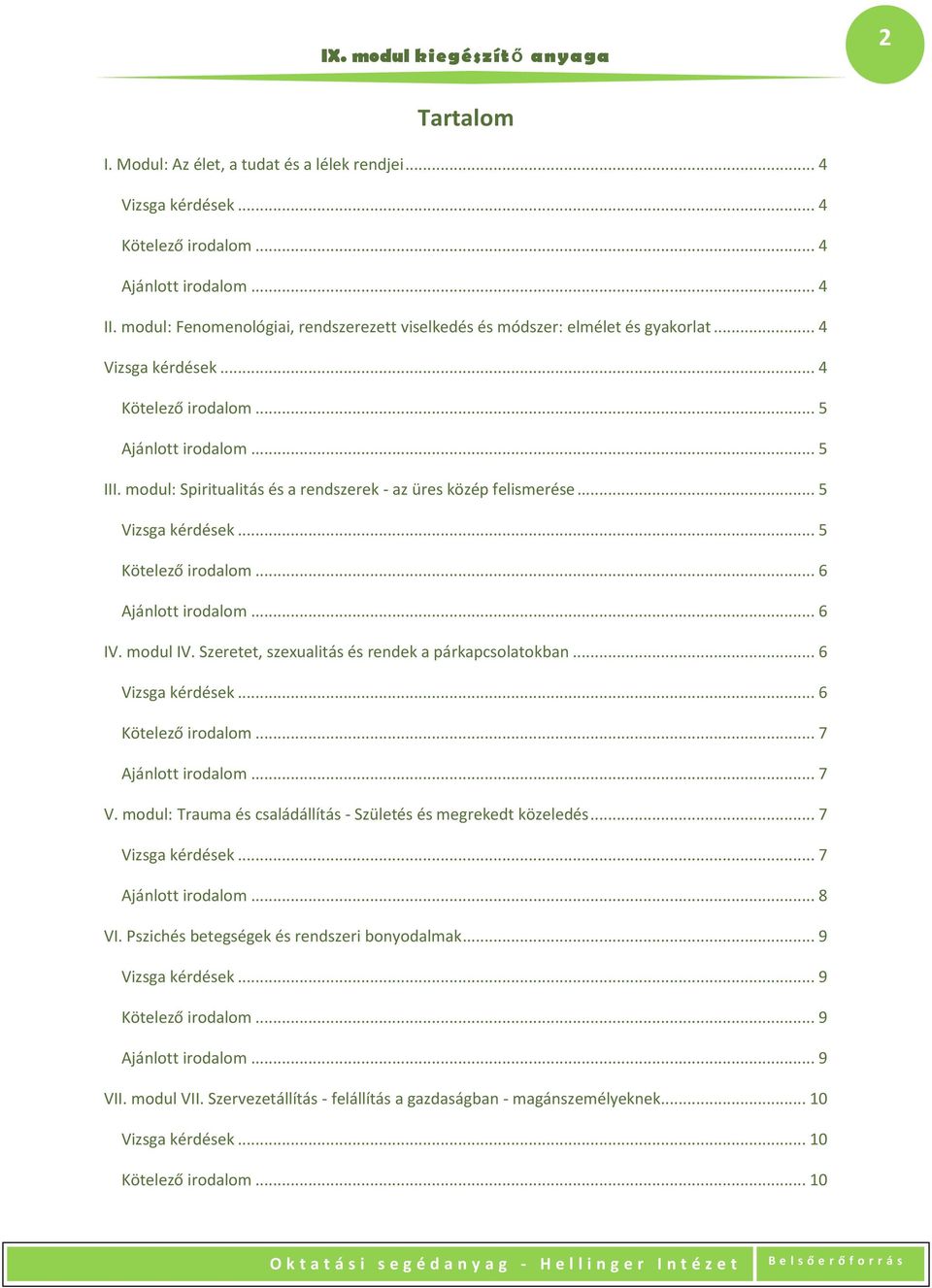 modul: Spiritualitás és a rendszerek - az üres közép felismerése... 5... 5... 6... 6 IV. modul IV. Szeretet, szexualitás és rendek a párkapcsolatokban.