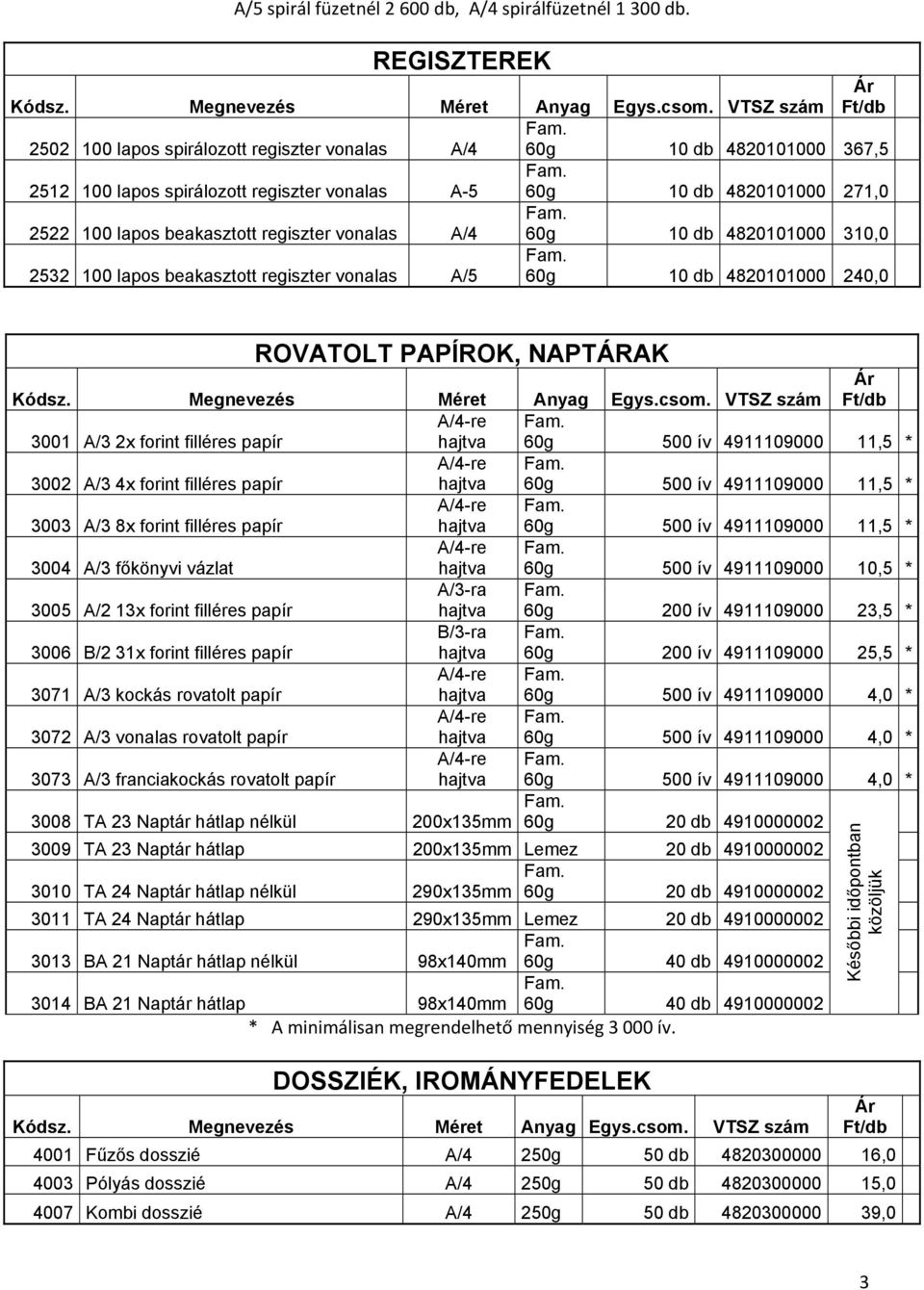 regiszter vonalas A/4 60g 10 db 4820101000 310,0 2532 100 lapos beakasztott regiszter vonalas A/5 60g 10 db 4820101000 240,0 ROVATOLT PAPÍROK, NAPTÁRAK 3001 A/3 2x forint filléres papír 60g 500 ív