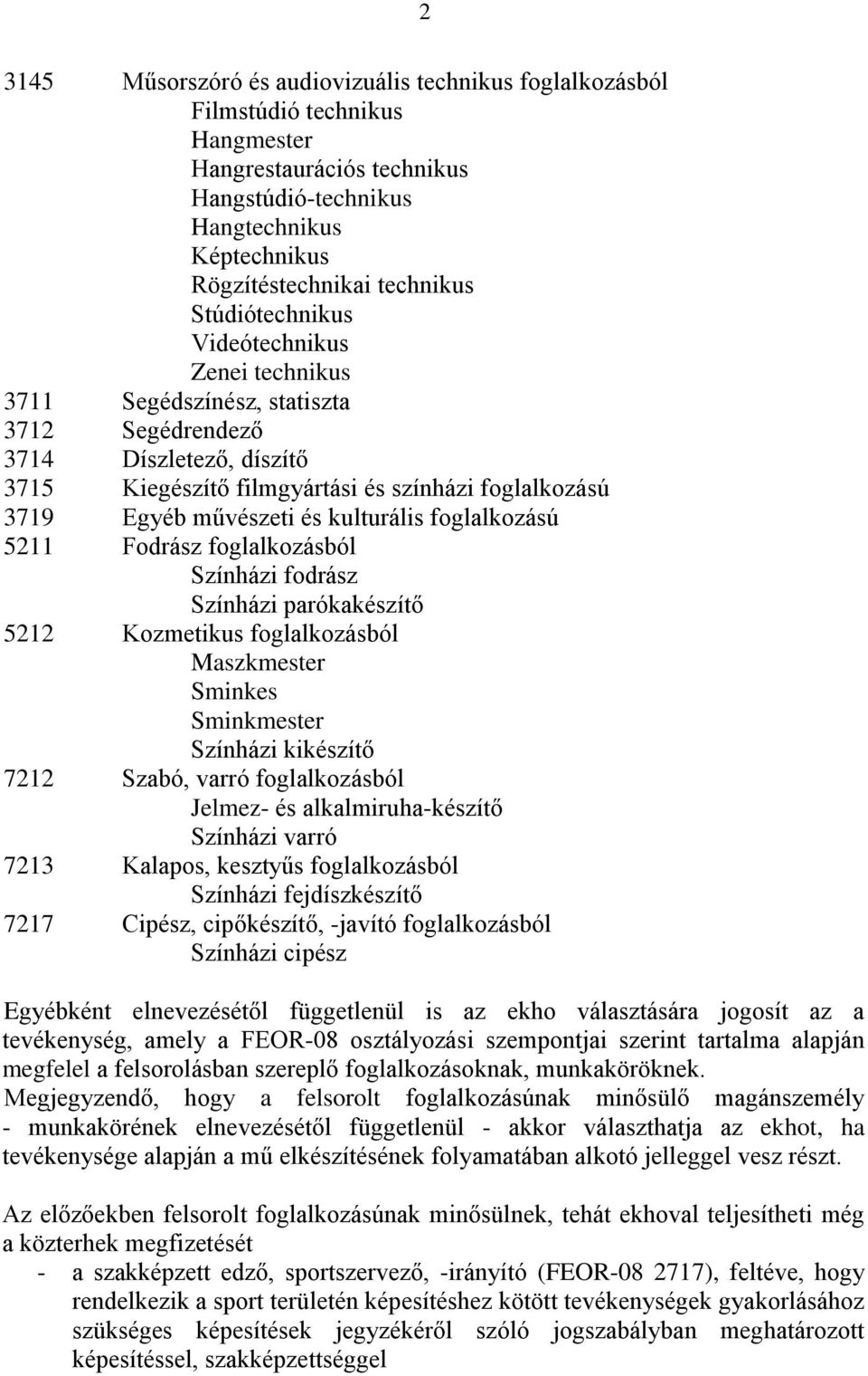 kulturális foglalkozású 5211 Fodrász foglalkozásból Színházi fodrász Színházi parókakészítő 5212 Kozmetikus foglalkozásból Maszkmester Sminkes Sminkmester Színházi kikészítő 7212 Szabó, varró