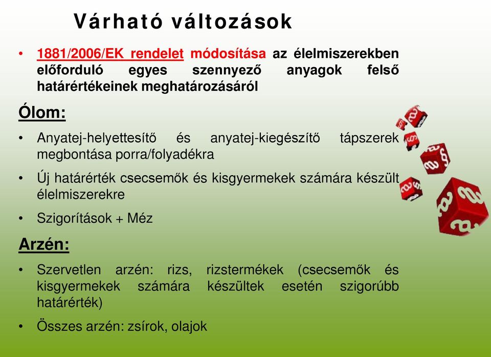 porra/folyadékra Új határérték csecsemők és kisgyermekek számára készült élelmiszerekre Szigorítások + Méz Arzén: