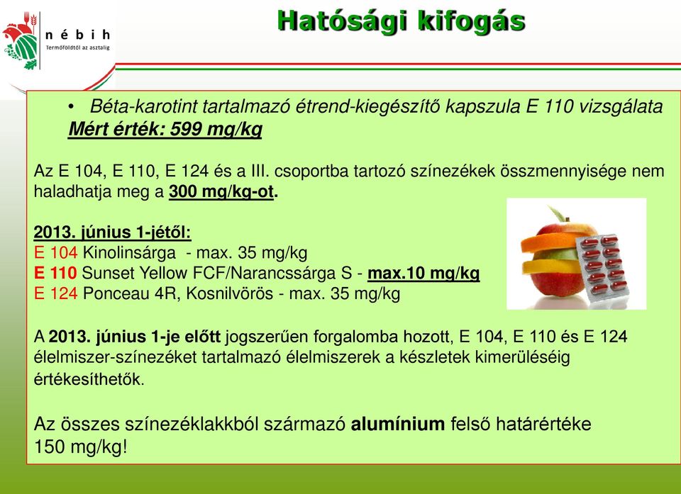 35 mg/kg E 110 Sunset Yellow FCF/Narancssárga S - max.10 mg/kg E 124 Ponceau 4R, Kosnilvörös - max. 35 mg/kg A 2013.