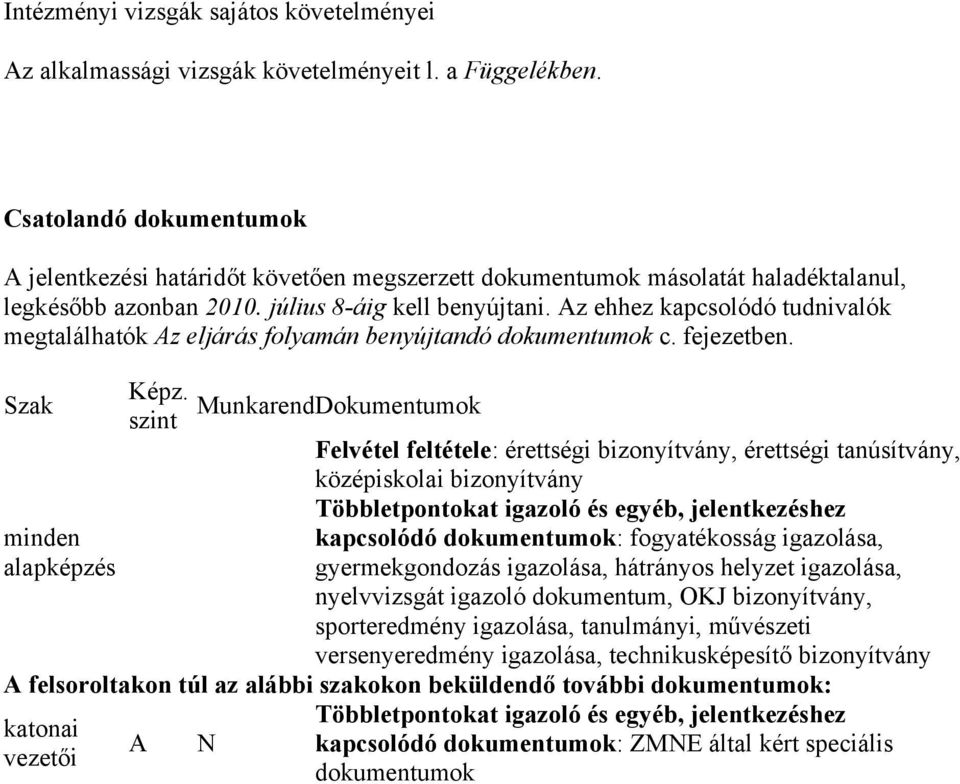 Az ehhez kapcsolódó tudnivalók megtalálhatók Az eljárás folyamán benyújtandó dokumentumok c. fejezetben. Szak Képz.