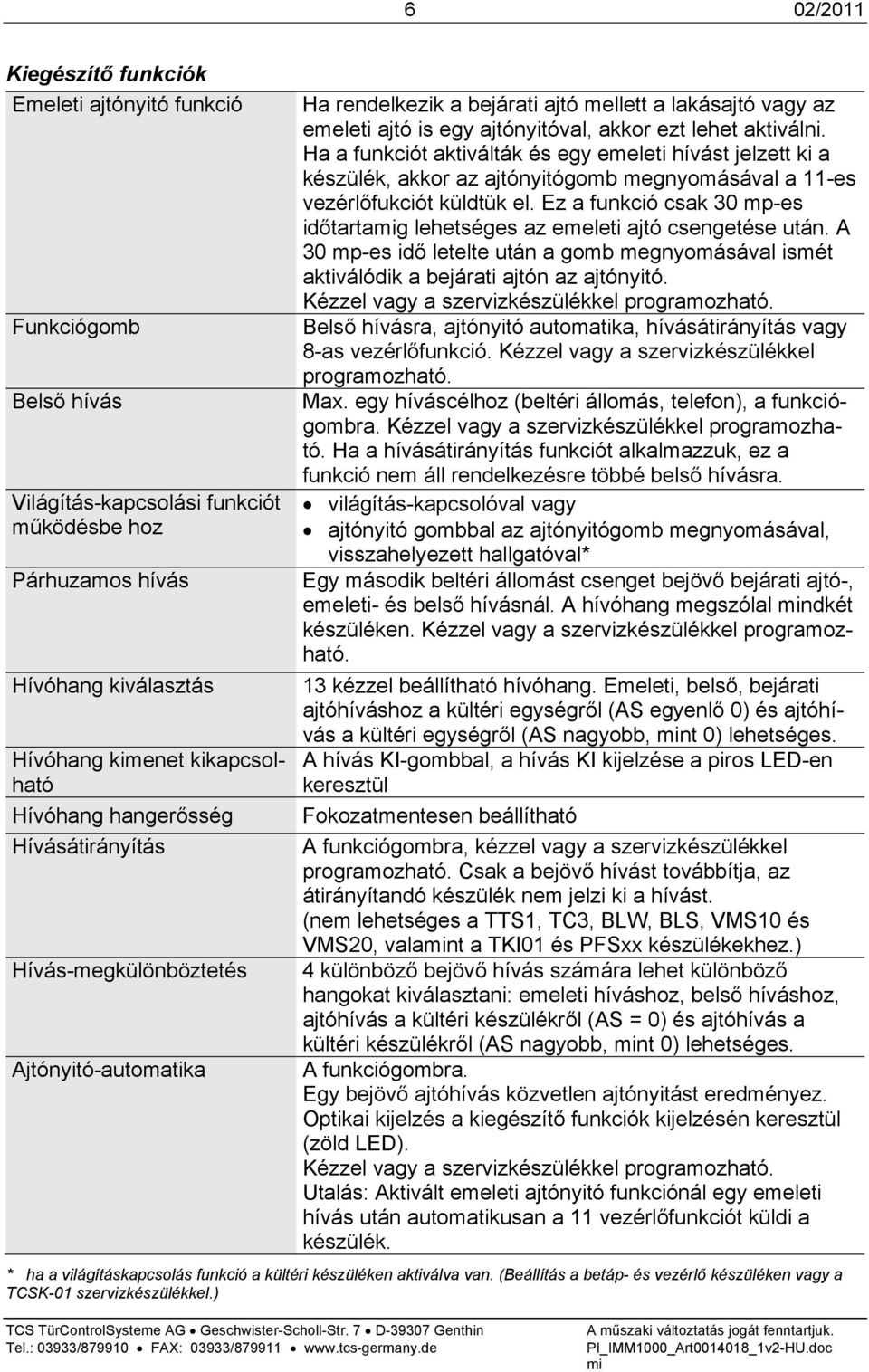 aktiválni. Ha a funkciót aktiválták és egy emeleti hívást jelzett ki a készülék, akkor az ajtónyitógomb megnyomásával a 11-es vezérlőfukciót küldtük el.