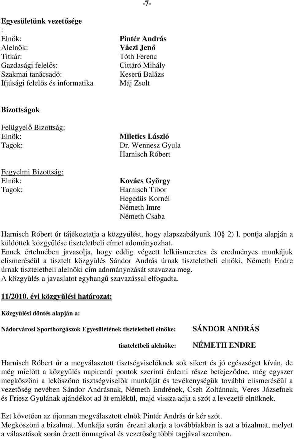 Wennesz Gyula Harnisch Róbert Kovács György Harnisch Tibor Hegedüs Kornél Németh Imre Németh Csaba Harnisch Róbert úr tájékoztatja a közgyűlést, hogy alapszabályunk 10 2) l.