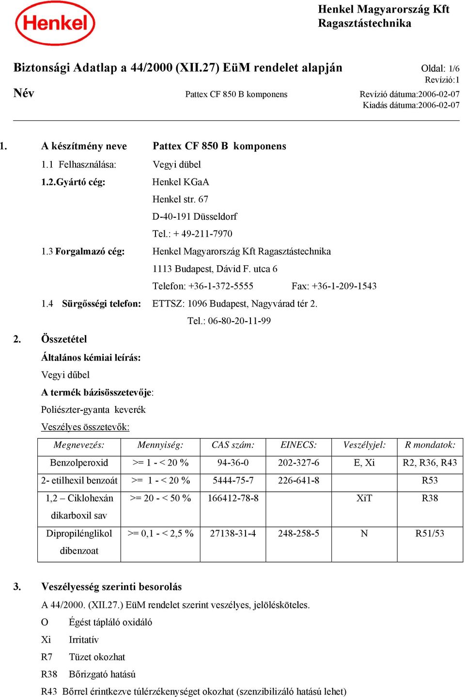 3 Forgalmazó cég: Henkel Magyarország Kft 1113 Budapest, Dávid F. utca 6 Telefon: +36-1-372-5555 Fax: +36-1-209-1543 1.4 Sürgősségi telefon: ETTSZ: 1096 Budapest, Nagyvárad tér 2. Tel.: 06-80-20-11-99 2.