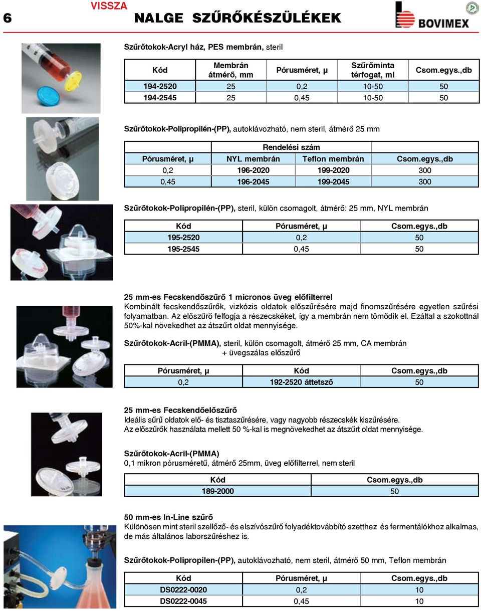 , 0,2 196-2020 199-2020 300 0,45 196-2045 199-2045 300 Szûrõtokok-Polipropilén-(PP), steril, külön csomagolt, átmérő: 25, NYL membrán Pórusméret, µ egys.