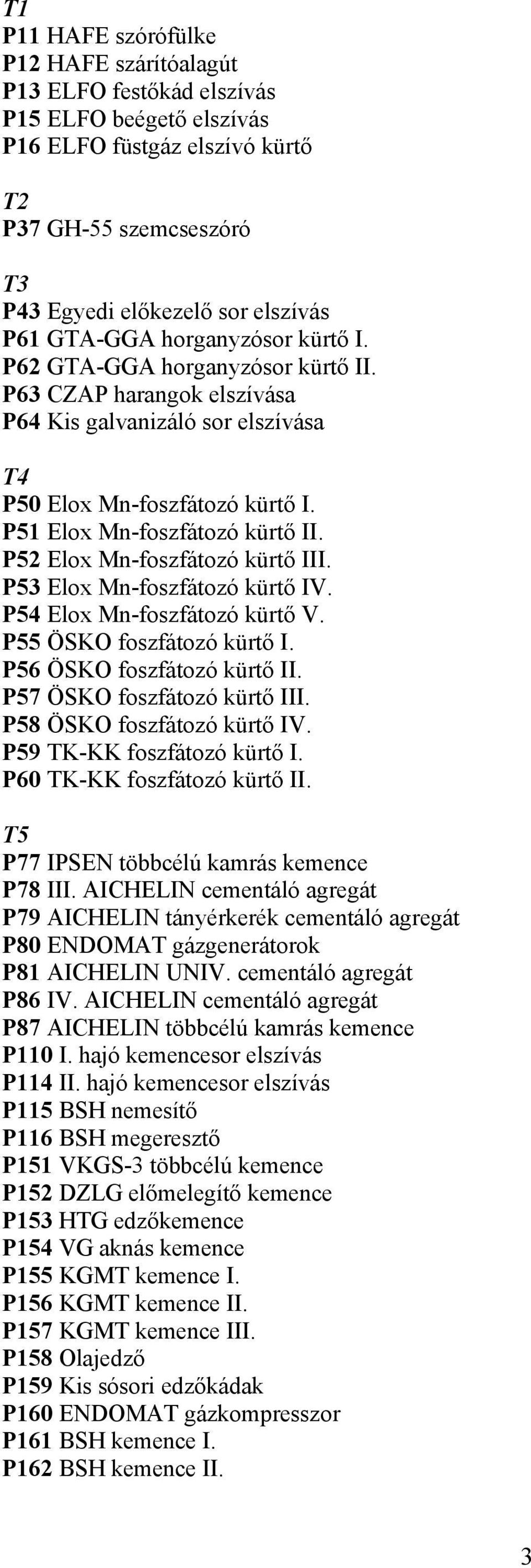 P52 Elox Mn-foszfátozó kürtő III. P53 Elox Mn-foszfátozó kürtő IV. P54 Elox Mn-foszfátozó kürtő V. P55 ÖSKO foszfátozó kürtő I. P56 ÖSKO foszfátozó kürtő II. P57 ÖSKO foszfátozó kürtő III.