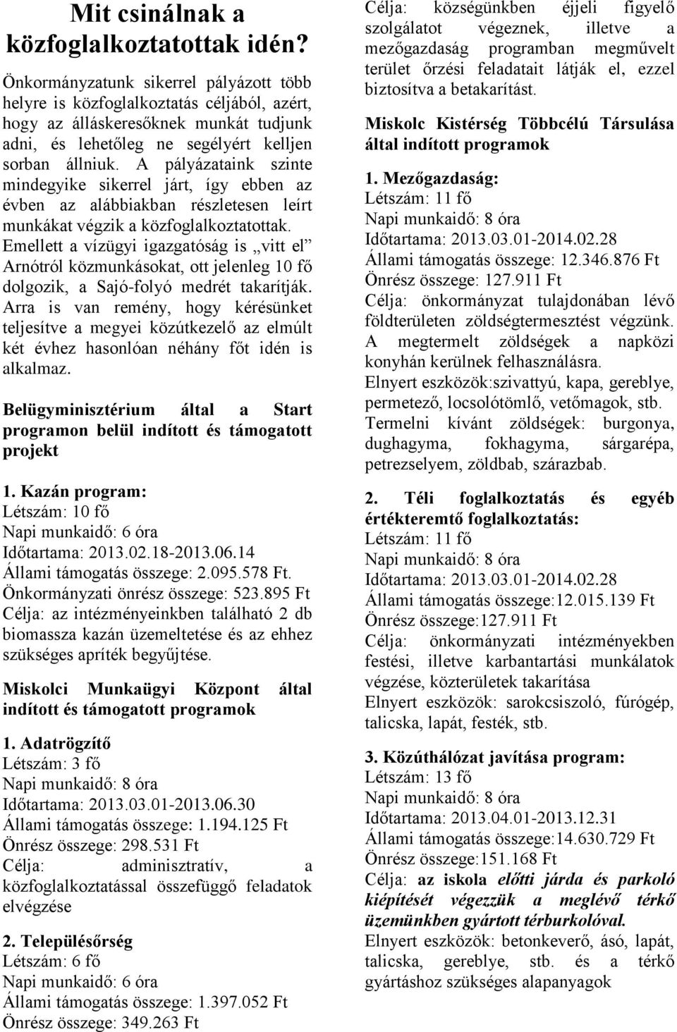 A pályázataink szinte mindegyike sikerrel járt, így ebben az évben az alábbiakban részletesen leírt munkákat végzik a közfoglalkoztatottak.