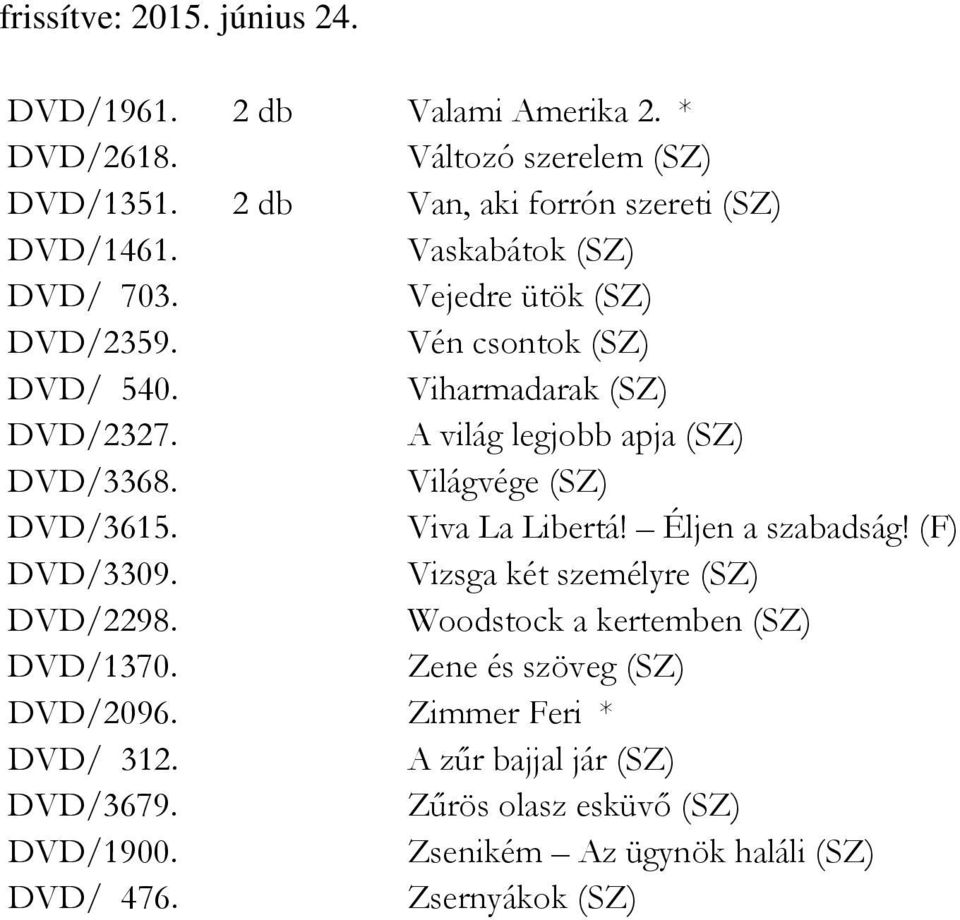 Viva La Libertá! Éljen a szabadság! (F) DVD/3309. Vizsga két személyre (SZ) DVD/2298. Woodstock a kertemben (SZ) DVD/1370.