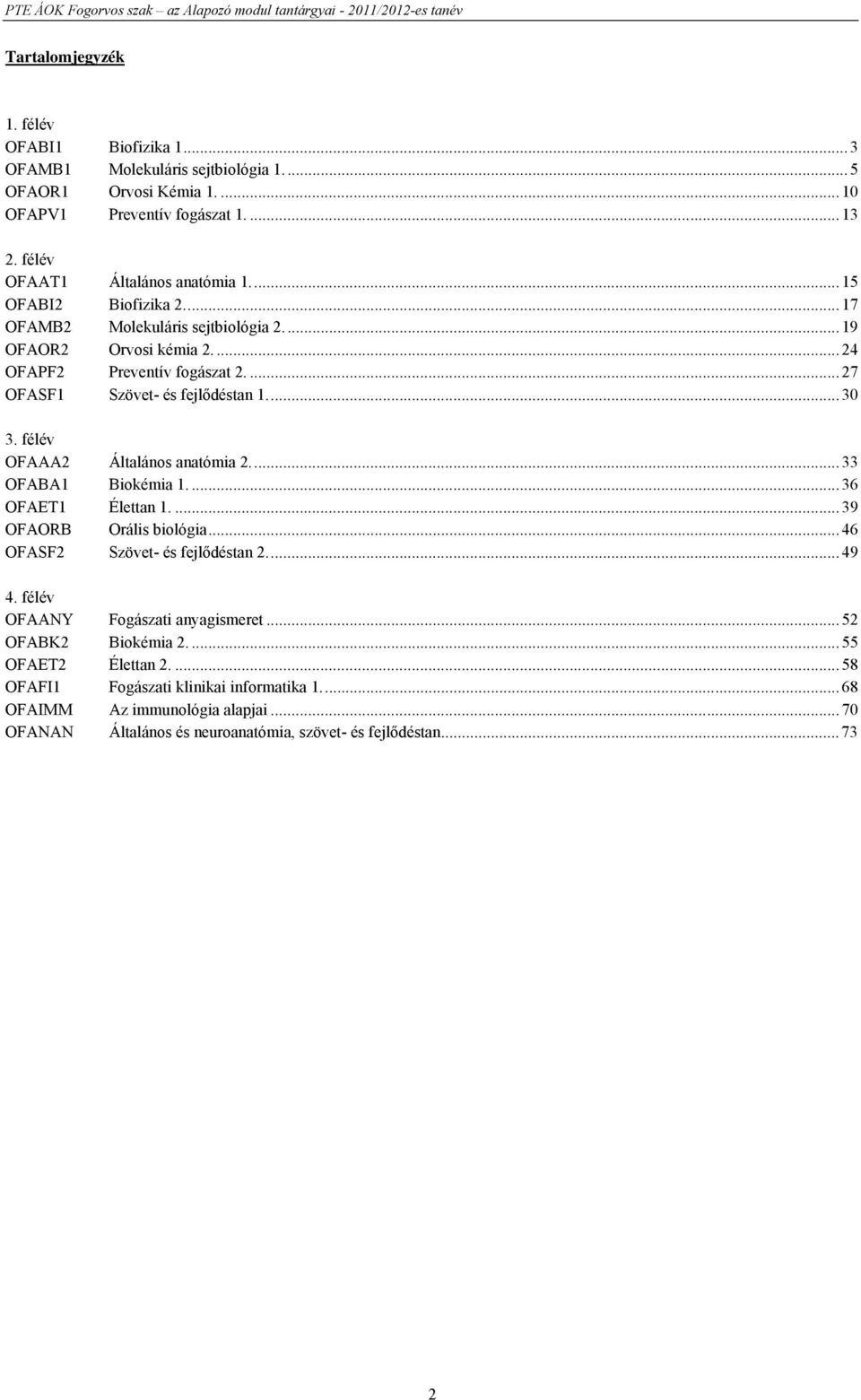 félév OFAAA2 Általános anatómia 2...33 OFABA1 Biokémia 1....36 OFAET1 Élettan 1....39 OFAORB Orális biológia...46 OFASF2 Szövet- és fejlődéstan 2...49 4.