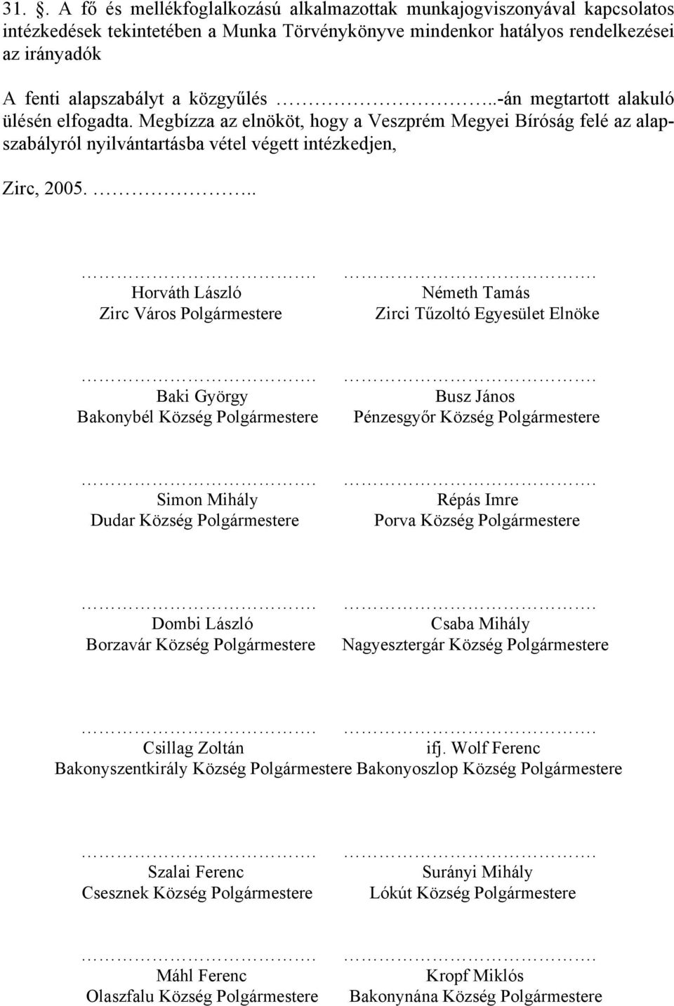 .. Horváth László Zirc Város Polgármestere Németh Tamás Zirci Tűzoltó Egyesület Elnöke Baki György Bakonybél Község Polgármestere Busz János Pénzesgyőr Község Polgármestere Simon Mihály Dudar Község