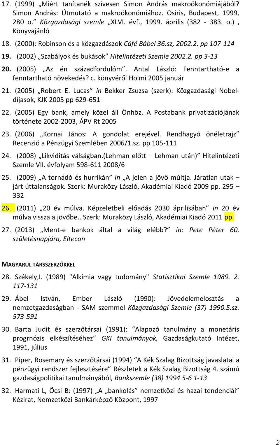 Antal László: Fenntartható-e a fenntartható növekedés? c. könyvéről Holmi 2005 január 21. (2005) Robert E. Lucas in Bekker Zsuzsa (szerk): Közgazdasági Nobeldíjasok, KJK 2005 pp 629-651 22.