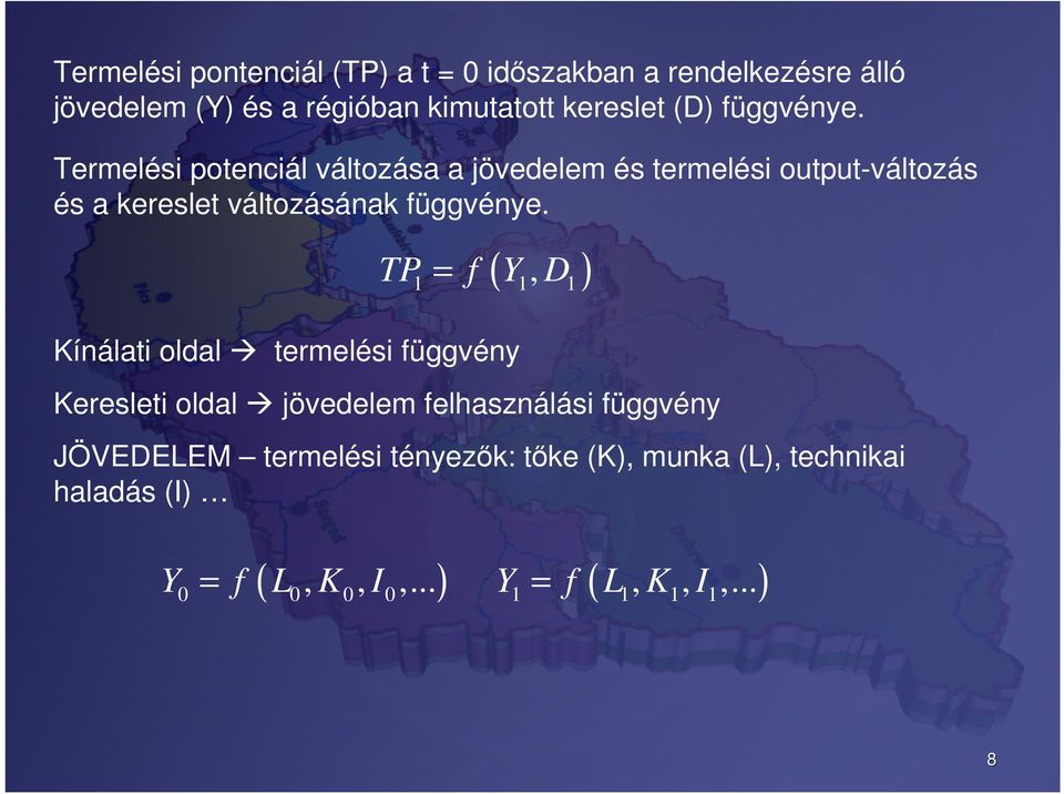 TP = (, ) f Y D 1 1 1 Kínálati oldal termelési függvény Keresleti oldal jövedelem felhasználási függvény JÖVEDELEM
