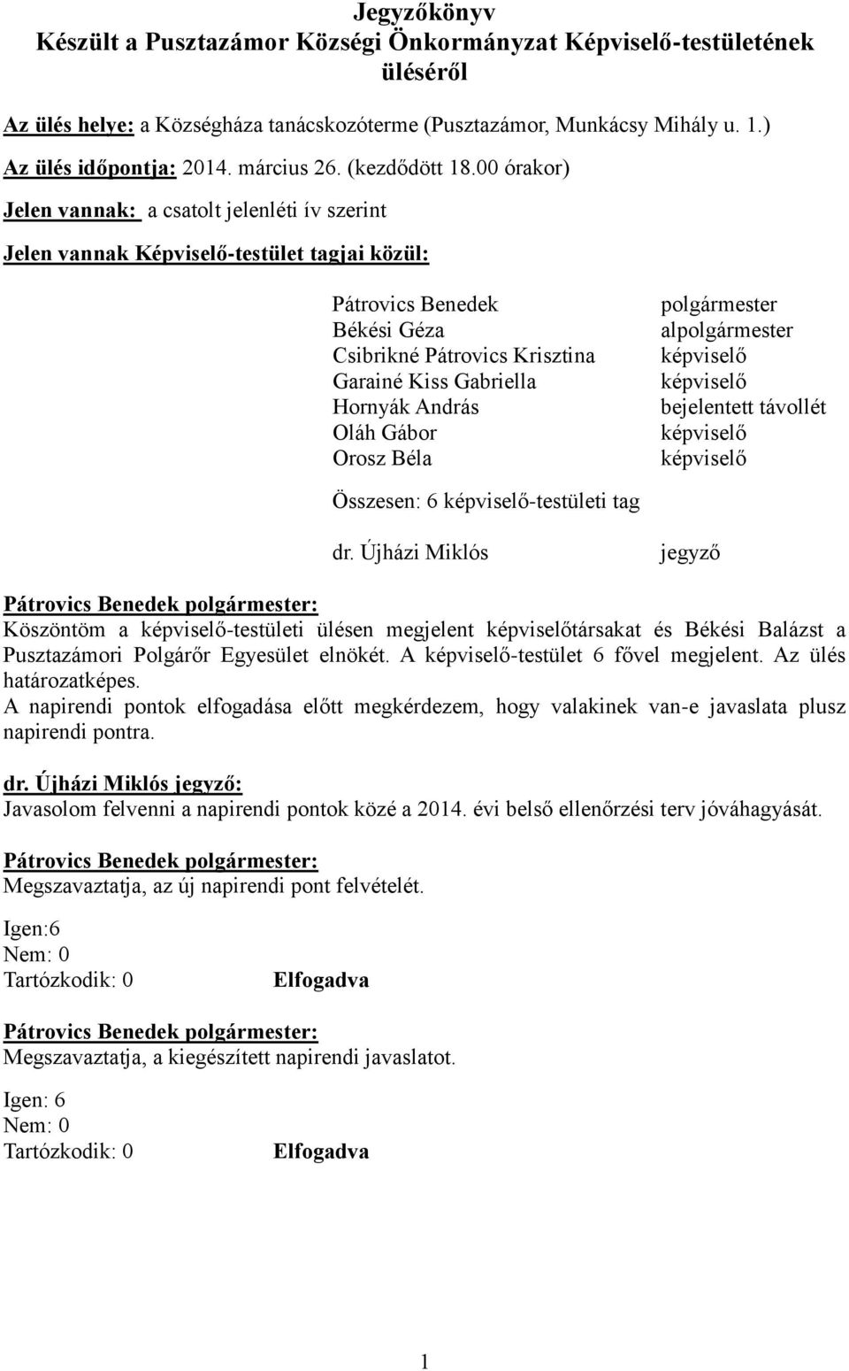 00 órakor) Jelen vannak: a csatolt jelenléti ív szerint Jelen vannak Képviselő-testület tagjai közül: Pátrovics Benedek Békési Géza Csibrikné Pátrovics Krisztina Garainé Kiss Gabriella Hornyák András