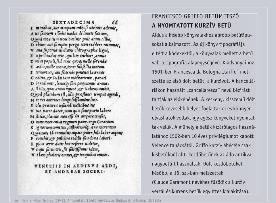 Az új könyv tipográfiája eltért a kódexektôl, a könyvalak mellett a betû vált a tipográfia alapegységévé. Kiadványaihoz 1501-ben Francesca da Bologna Griffo metszette az elsô dôlt betût, a kurzívot.