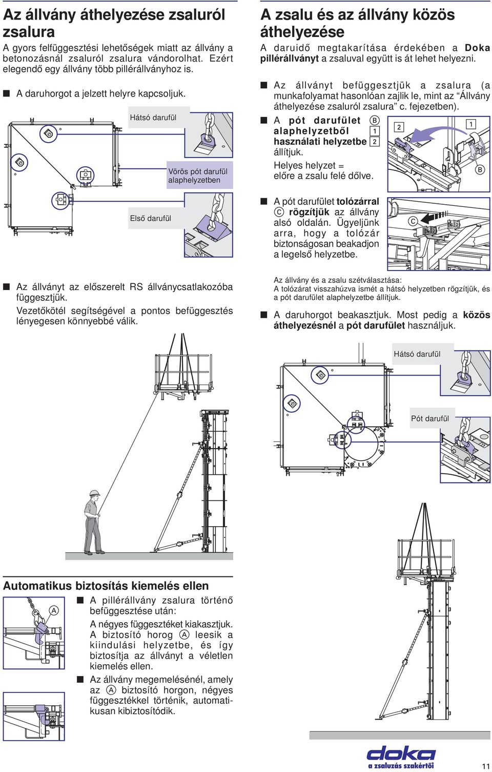 Hátsó darufül Első darufül Vörös pót darufül alaphelyzetben A zsalu és az állvány közös áthelyezése A daruidő megtakarítása érdekében a Doka pillérállványt a zsaluval együtt is át lehet helyezni.
