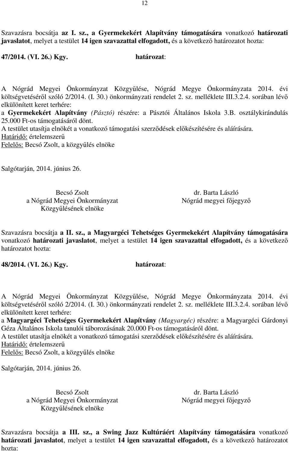 évi költségvetéséről szóló 2/2014. (I. 30.) önkormányzati rendelet 2. sz. melléklete III.3.2.4. sorában lévő elkülönített keret terhére: a Gyermekekért Alapítvány (Pásztó) részére: a Pásztói Általános Iskola 3.