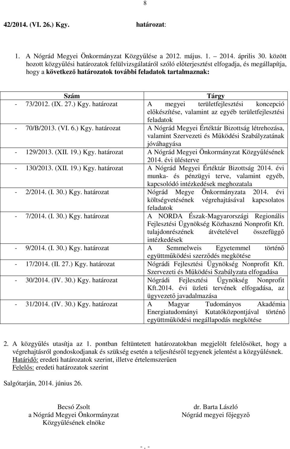 ) Kgy. határozat A megyei területfejlesztési koncepció előkészítése, valamint az egyéb területfejlesztési feladatok - 70/B/2013. (VI. 6.) Kgy. határozat A Nógrád Megyei Értéktár Bizottság létrehozása, valamint Szervezeti és Működési Szabályzatának jóváhagyása - 129/2013.