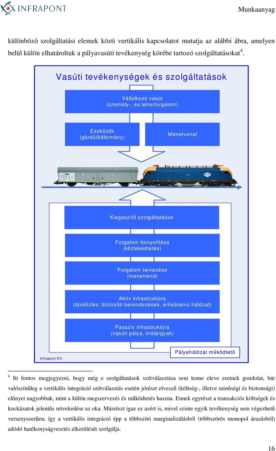 tervezése (menetrend) Aktív infrastruktúra (távközlés, biztosító berendezések, erısáramú hálózat) Passzív infrastruktúra (vasúti pálya, mőtárgyak) Infrapont Kft.