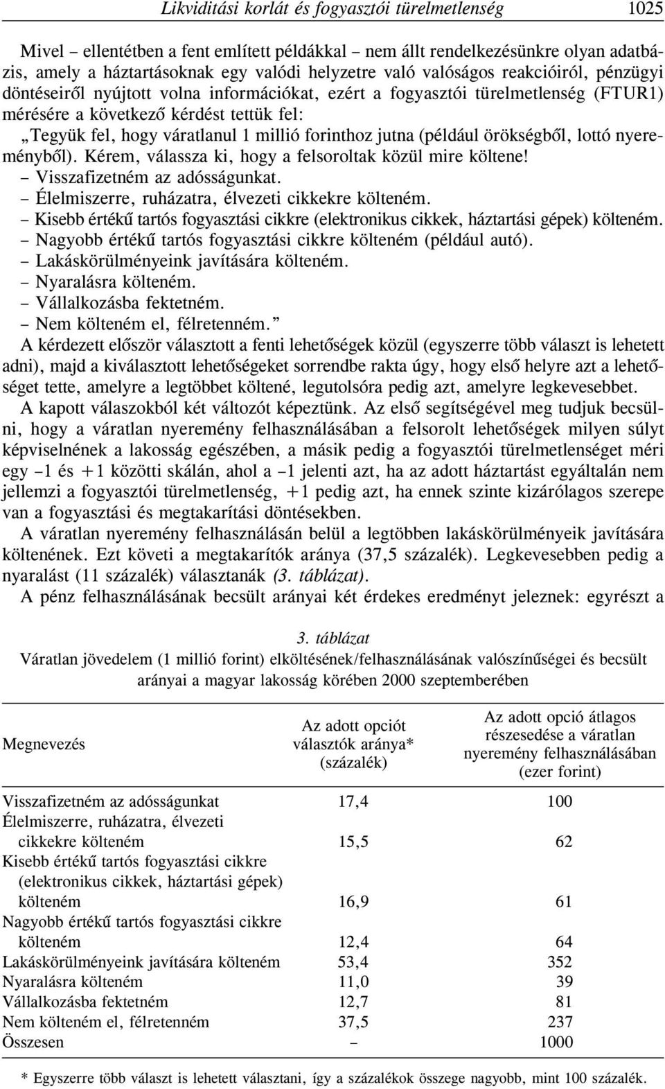 (például örökségbõl, lottó nyereménybõl). Kérem, válassza ki, hogy a felsoroltak közül mire költene! Visszafizetném az adósságunkat. Élelmiszerre, ruházatra, élvezeti cikkekre költeném.