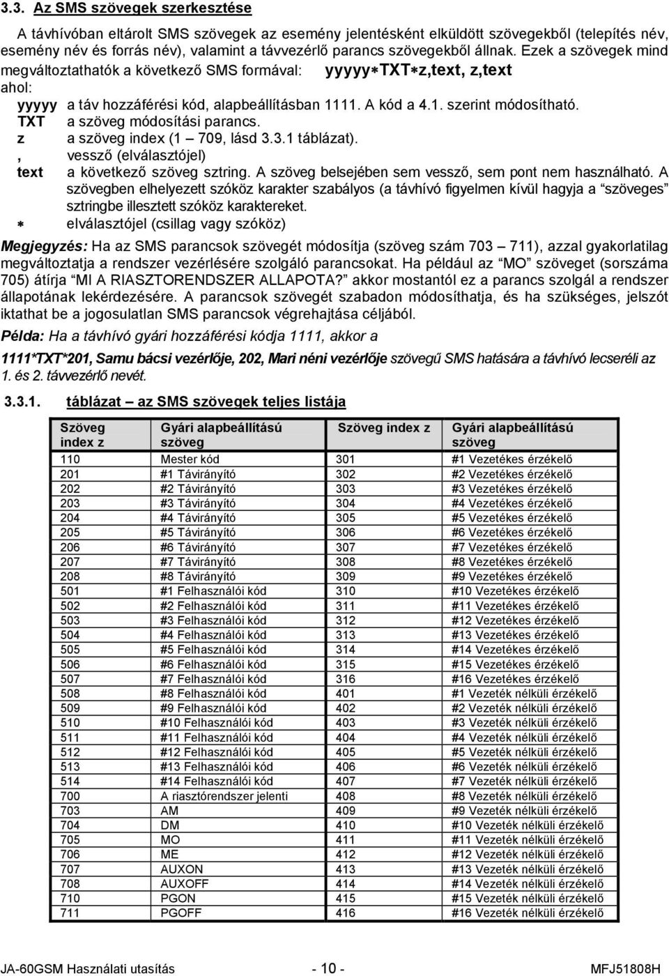 TXT a szöveg módosítási parancs. z a szöveg index (1 709, lásd 3.3.1 táblázat)., vessző (elválasztójel) text a következő szöveg sztring. A szöveg belsejében sem vessző, sem pont nem használható.