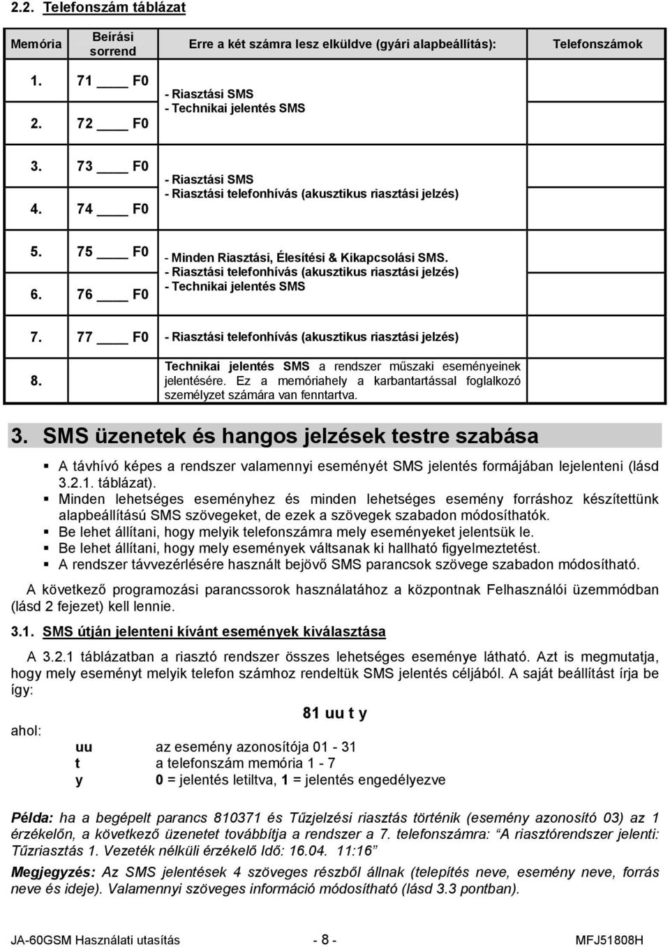 - Riasztási telefonhívás (akusztikus riasztási jelzés) - Technikai jelentés SMS 7. 77 F0 - Riasztási telefonhívás (akusztikus riasztási jelzés) 8.