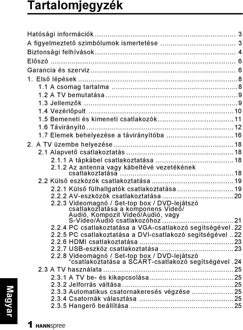 1 Alapvető csatlakoztatás...18 2.1.1 A tápkábel csatlakoztatása...18 2.1.2 Az antenna vagy kábeltévé vezetékének csatlakoztatása...18 2.2 Külső eszközök csatlakoztatása...19 2.2.1 Külső fülhallgatók csatlakoztatása.