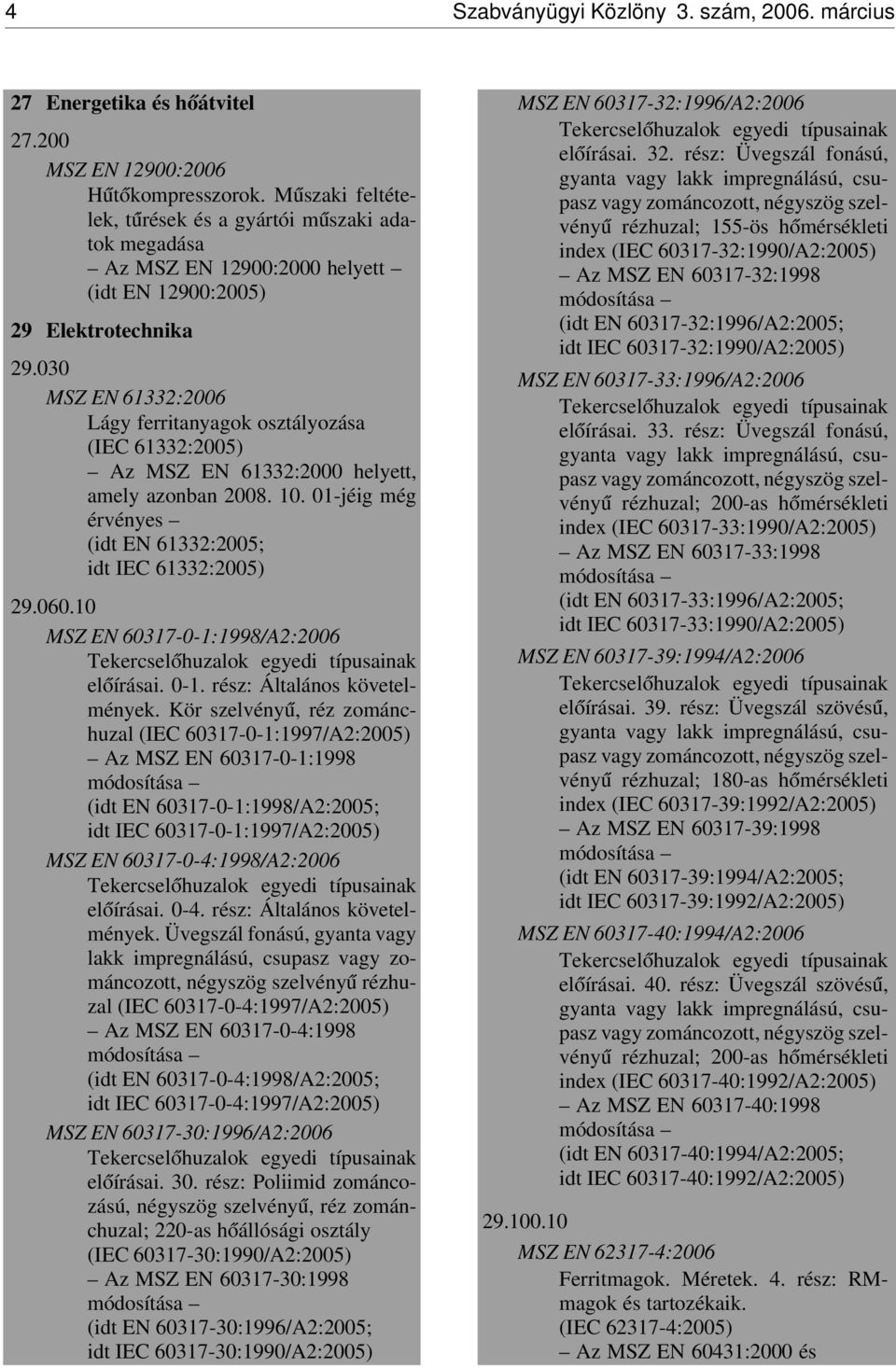 030 MSZ EN 61332:2006 Lágy ferritanyagok osztályozása (IEC 61332:2005) Az MSZ EN 61332:2000 helyett, amely azonban 2008. 10. 01-jéig még érvényes (idt EN 61332:2005; idt IEC 61332:2005) 29.060.