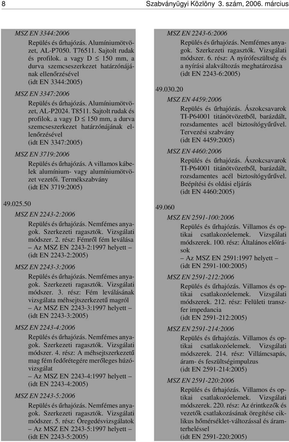 a vagy D 150 mm, a durva szemcseszerkezet határzónájának ellen órzésével (idt EN 3347:2005) MSZ EN 3719:2006 Repülés és úrhajózás. A villamos kábelek alumínium- vagy alumíniumötvözet vezet ói.