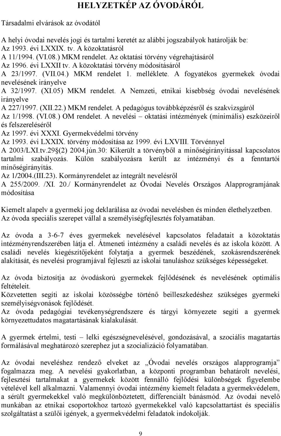 A fogyatékos gyermekek óvodai nevelésének irányelve A 32/1997. (XI.05) MKM rendelet. A Nemzeti, etnikai kisebbség óvodai nevelésének irányelve A 227/1997. (XII.22.) MKM rendelet. A pedagógus továbbképzésről és szakvizsgáról Az 1/1998.