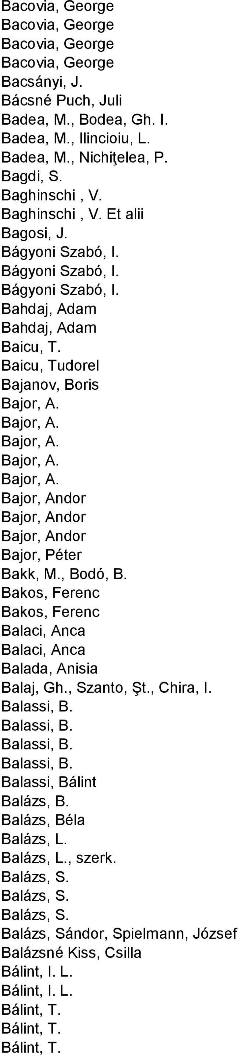 Bajor, A. Bajor, A. Bajor, A. Bajor, A. Bajor, Andor Bajor, Andor Bajor, Andor Bajor, Péter Bakk, M., Bodó, B. Bakos, Ferenc Bakos, Ferenc Balaci, Anca Balaci, Anca Balada, Anisia Balaj, Gh.