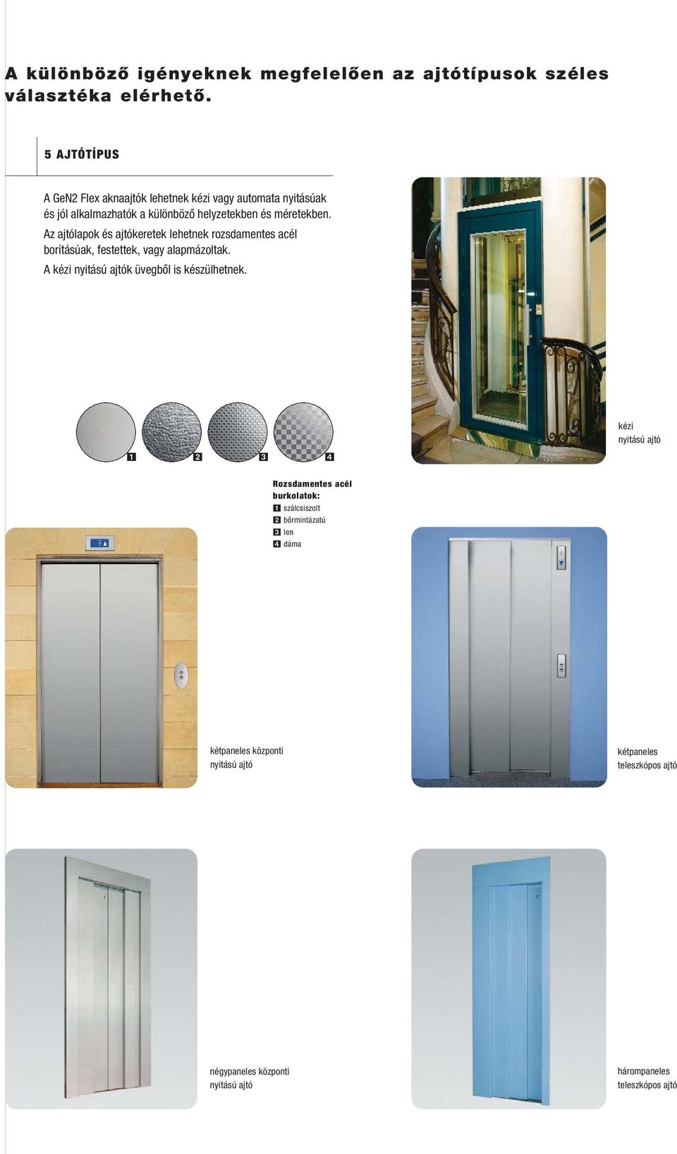 Az ajtólapok és ajtókeretek lehetnek rozsdamentes acél borításúak, festettek, vagy alapmázoltak. A kézi nyitású ajtók üvegbõl is készülhetnek.