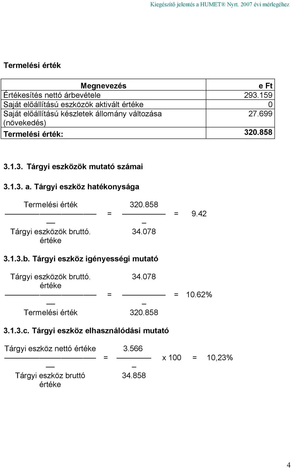 0.858 3.1.3. Tárgyi eszközök mutató számai 3.1.3. a. Tárgyi eszköz hatékonysága Termelési érték 320.858 = Tárgyi eszközök bruttó. 34.078 értéke = 9.