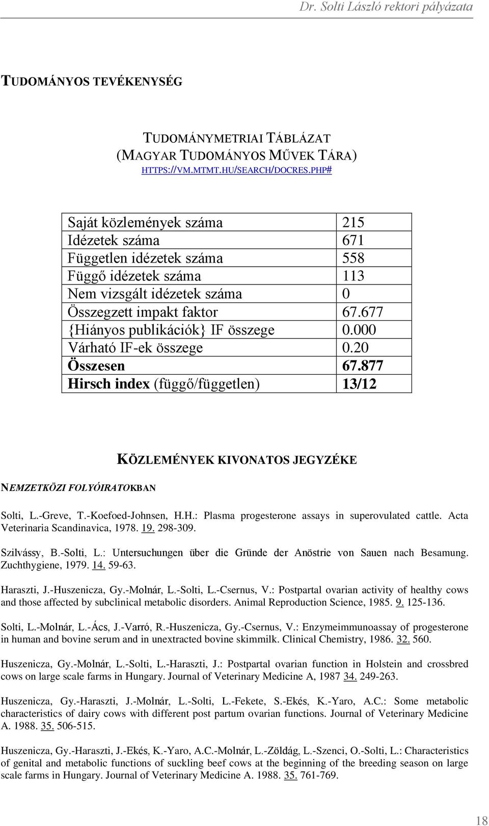 677 {Hiányos publikációk} IF összege 0.000 Várható IF-ek összege 0.20 Összesen 67.877 Hirsch index (függő/független) 13/12 NEMZETKÖZI FOLYÓIRATOKBAN KÖZLEMÉNYEK KIVONATOS JEGYZÉKE Solti, L.-Greve, T.