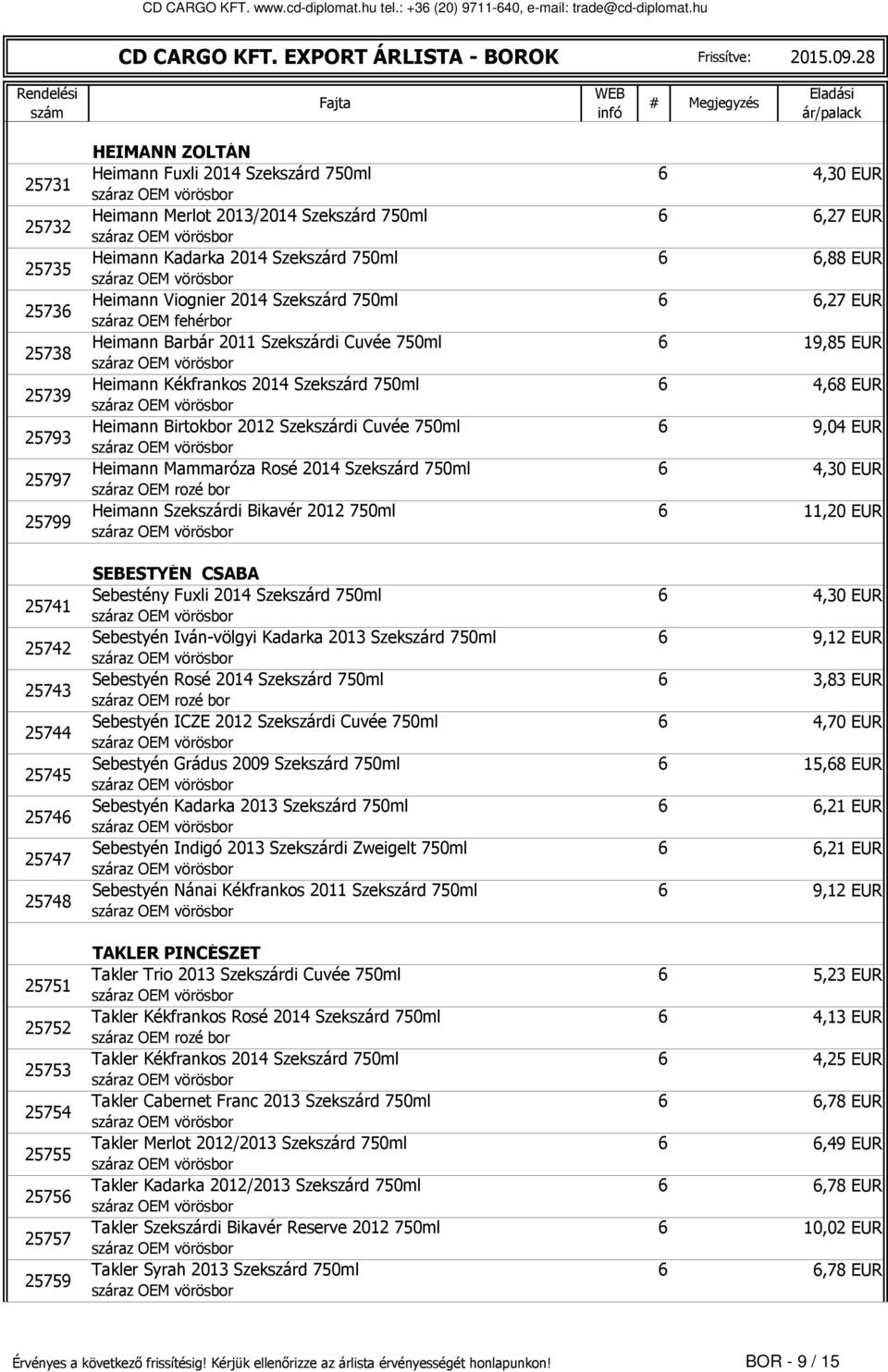 2014 Szekszárd 750ml 4,30 EUR Hemann Merlot 2013/2014 Szekszárd 750ml,27 EUR Hemann Kadarka 2014 Szekszárd 750ml,88 EUR Hemann Vogner 2014 Szekszárd 750ml,27 EUR Hemann Barbár 2011 Szekszárd Cuvée