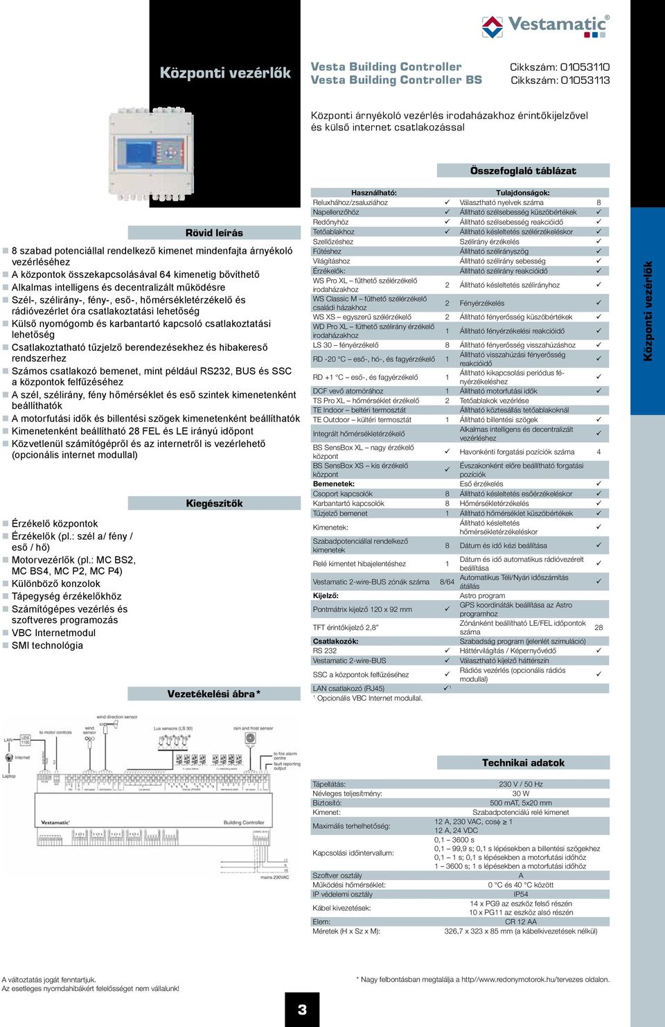 decentralizált működésre Szél-, szélirány-, fény-, eső-, hőmérsékletérzékelő és rádióvezérlet óra csatlakoztatási lehetőség Külső nyomógomb és karbantartó kapcsoló csatlakoztatási lehetőség