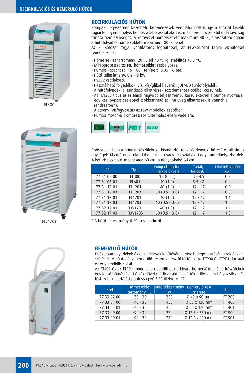 Az FL sorozat tagjai ventilátoros léghûtéssel, az FLW-sorozat tagjai vízhûtéssel rendelkeznek. Hômérséklet tartomány -20 C-tól 40 C-ig, stabilitás ±0.5 C.