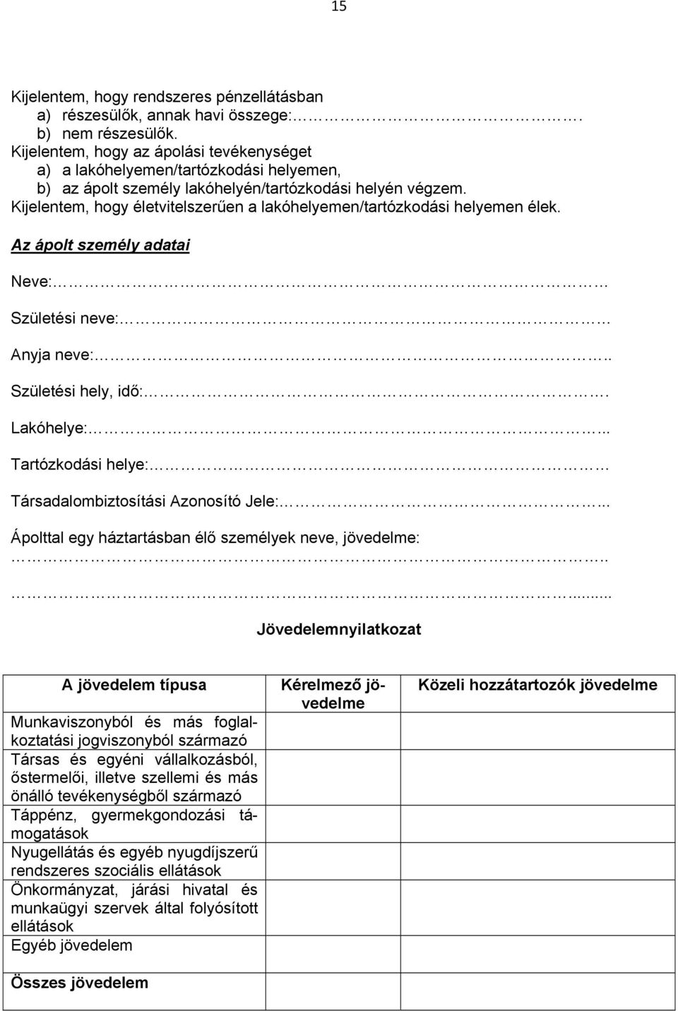 Kijelentem, hogy életvitelszerűen a lakóhelyemen/tartózkodási helyemen élek. Az ápolt személy adatai Neve: Születési neve: Anyja neve:.. Születési hely, idő:. Lakóhelye:.