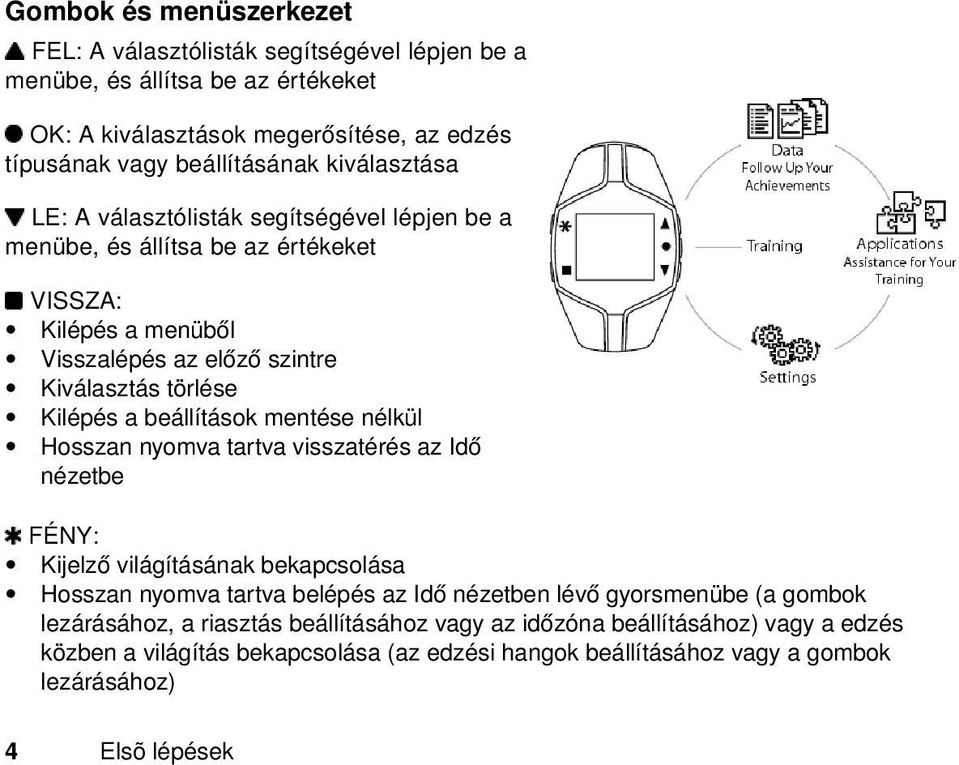 beállítások mentése nélkül Hosszan nyomva tartva visszatérés az Idő nézetbe FÉNY: Kijelző világításának bekapcsolása Hosszan nyomva tartva belépés az Idő nézetben lévő gyorsmenübe (a