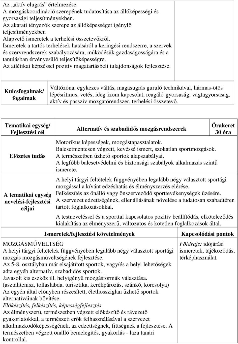 Ismeretek a tartós terhelések hatásáról a keringési rendszerre, a szervek és szervrendszerek szabályozására, működésük gazdaságosságára és a tanulásban érvényesülő teljesítőképességre.