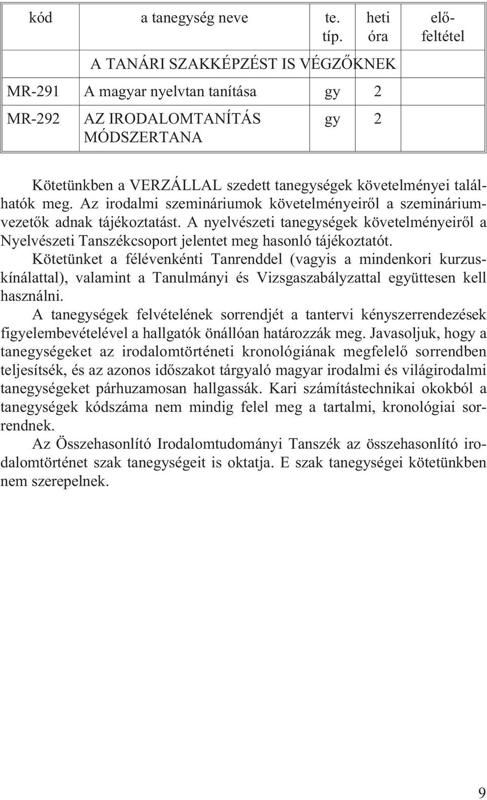 találhatók meg. Az irodalmi szemináriumok követelményeirõl a szemináriumvezetõk adnak tájékoztatást.