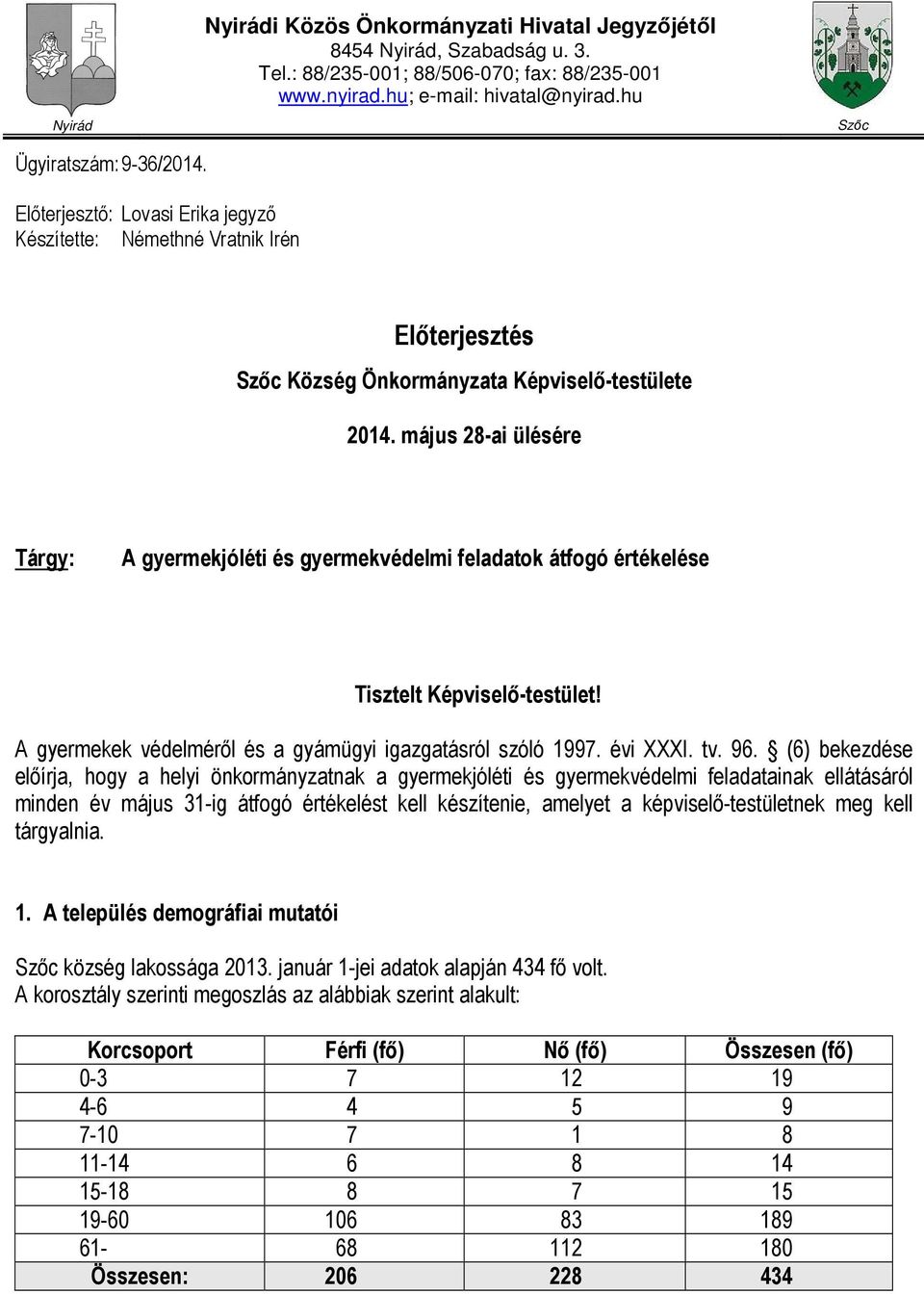 május 28-ai ülésére Tárgy: A gyermekjóléti és gyermekvédelmi feladatok átfogó értékelése Tisztelt Képviselı-testület! A gyermekek védelmérıl és a gyámügyi igazgatásról szóló 1997. évi XXXI. tv. 96.