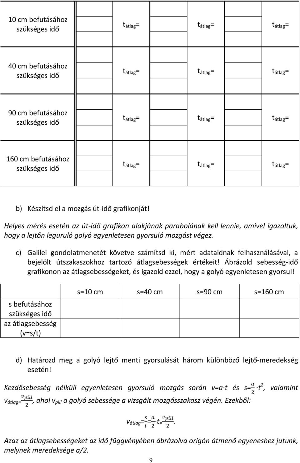 Helyes mérés esetén az út-idő grafikon alakjának parabolának kell lennie, amivel igazoltuk, hogy a lejtőn leguruló golyó egyenletesen gyorsuló mozgást végez.