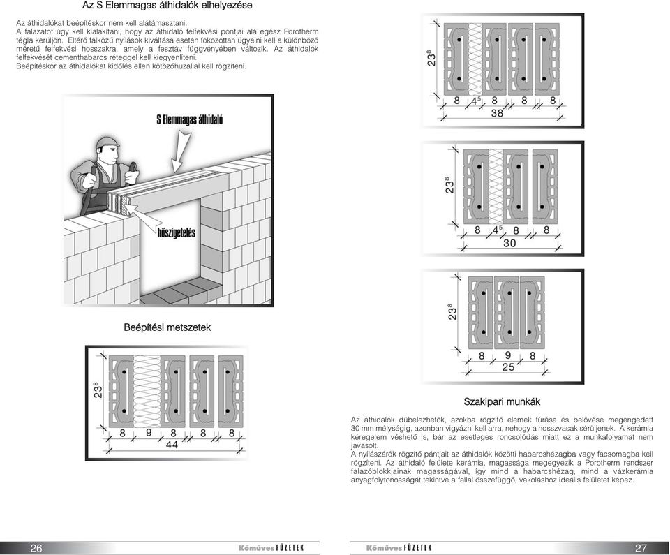 Az áthidalók felfekvését cementhabarcs réteggel kell kiegyenlíteni. Beépítéskor az áthidalókat kidõlés ellen kötözõhuzallal kell rögzíteni.