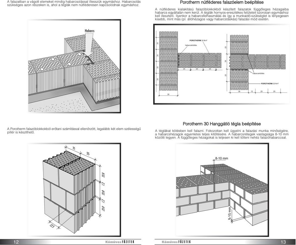 A téglák hornyos-eresztékes felületeit szorosan egymáshoz kell illeszteni. Ilyenkor a habarcsfelhasználás és így a munkaidõ-szükséglet is lényegesen kisebb, mint más (pl.
