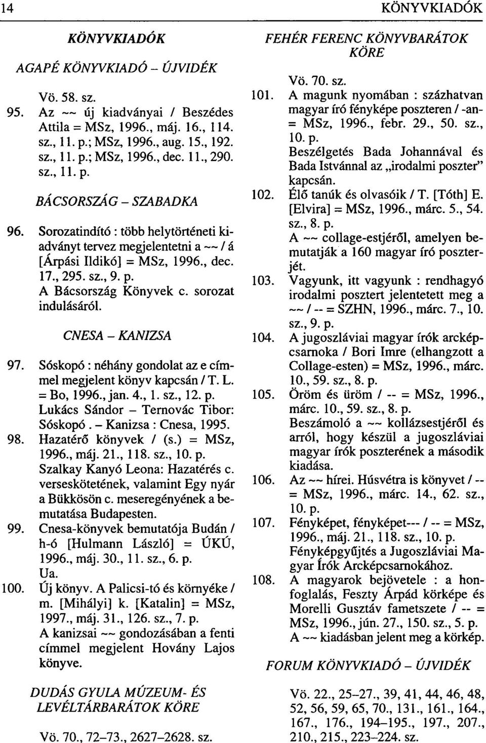 sorozat indulásáról. CNESA - KANIZSA 97. Sóskopó: néhány gondolat az e címmel megjelent könyv kapcsán / T. L. = Bo, 1996., jan. 4., 1. sz., 12. p. Lukács Sándor - Ternovác Tibor: Sóskopó.