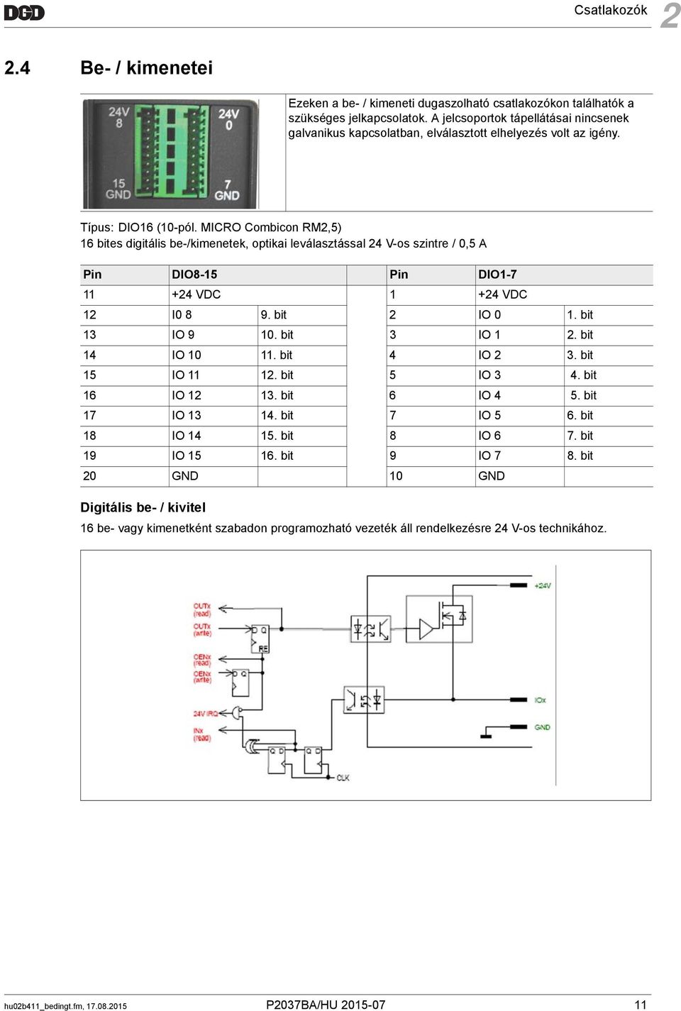 MICRO Combicon RM2,5) 16 bites digitális be-/kimenetek, optikai leválasztással 24 V-os szintre / 0,5 A Pin DIO8-15 Pin DIO1-7 11 +24 VDC 1 +24 VDC 12 I0 8 9. bit 2 IO 0 1. bit 13 IO 9 10.