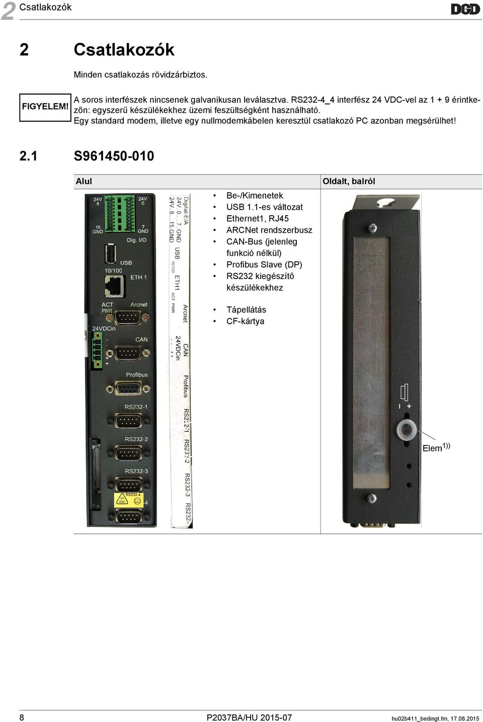 Egy standard modem, illetve egy nullmodemkábelen keresztül csatlakozó PC azonban megsérülhet! 2.1 S961450-010 Alul Be-/Kimenetek USB 1.