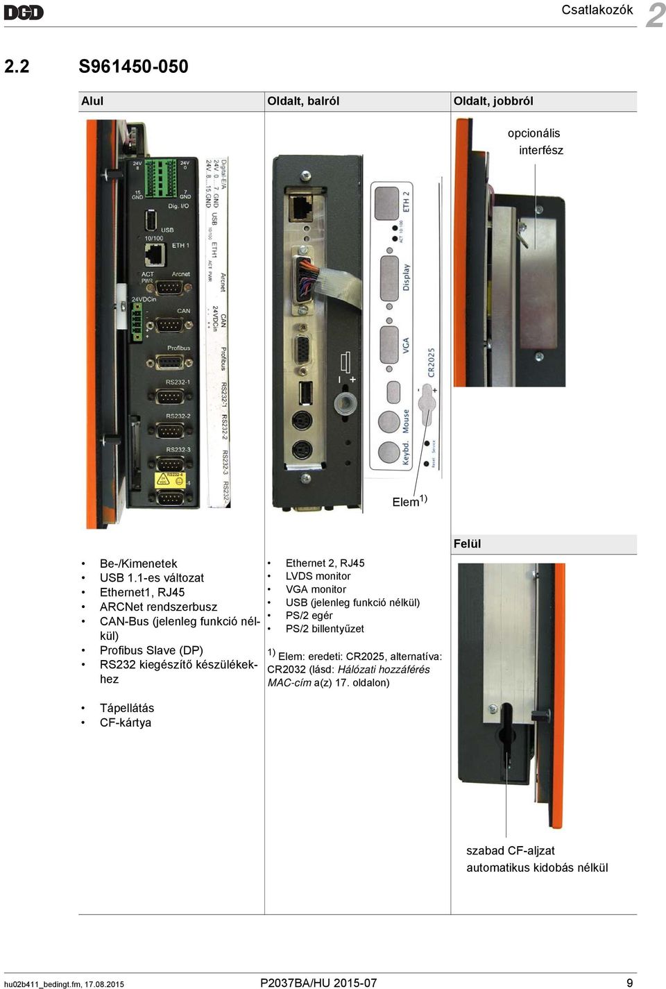 2, RJ45 LVDS monitor VGA monitor USB (jelenleg funkció nélkül) PS/2 egér PS/2 billentyűzet 1) Elem: eredeti: CR2025, alternatíva: CR2032 (lásd: